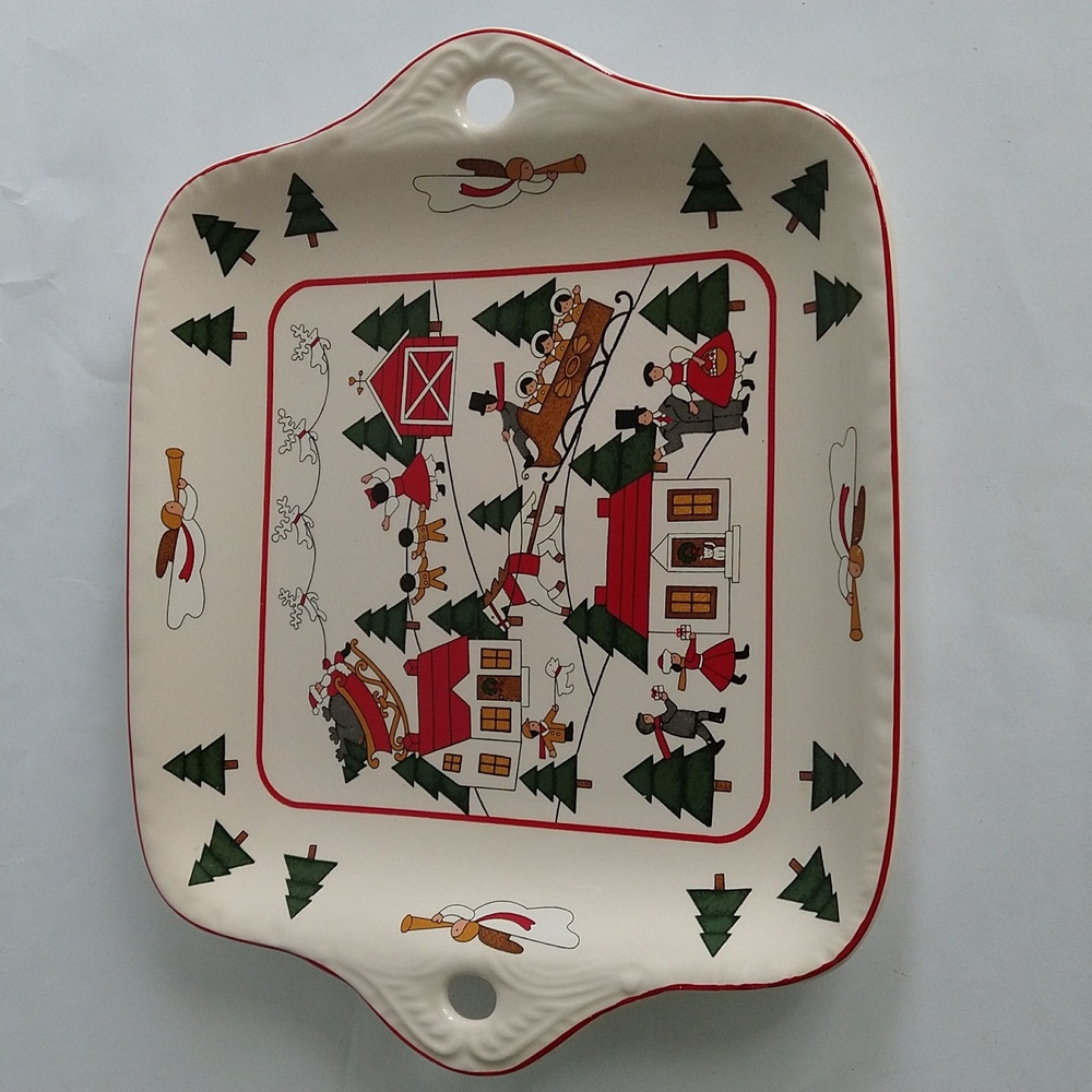 Vintage Masons Christmas Village Square Cake Plate Tab Handles Platter
